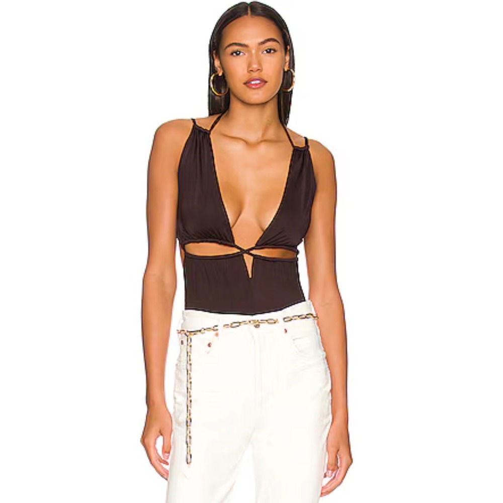 Lovers and Friends Black Cut Out Deep V-Neck Halter Thong Bodysuit Small